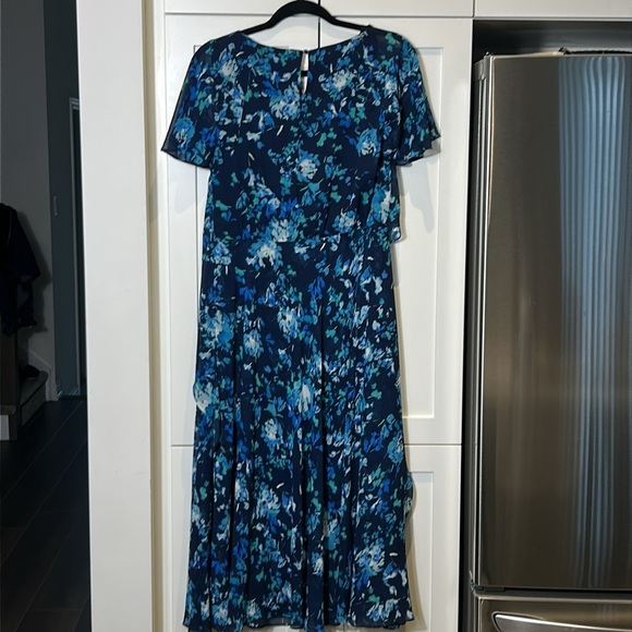 Jacques Vert Collection Blue Floral Chiffon Midi Cocktail Dress Size 10 - Picture 7 of 17